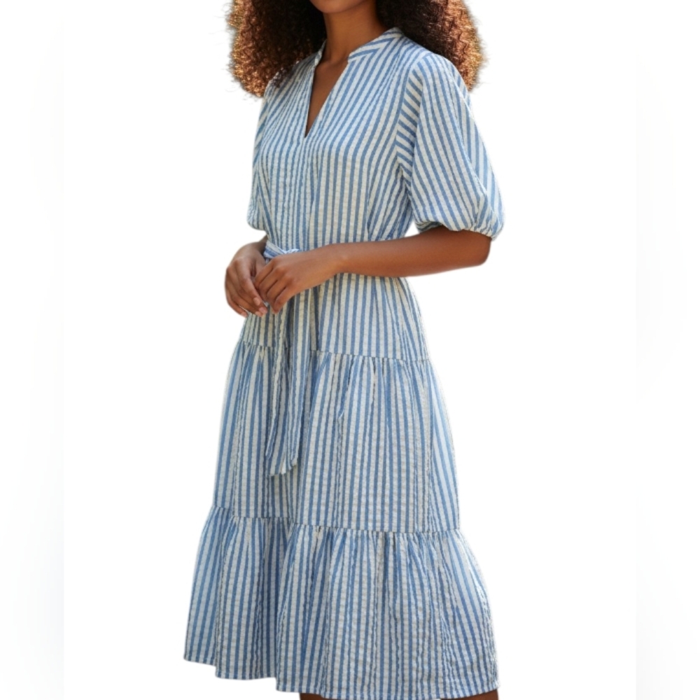 Roller Rabbit Light Blue and White Striped Maxi Dress with Self-Tie Belt Sz XS